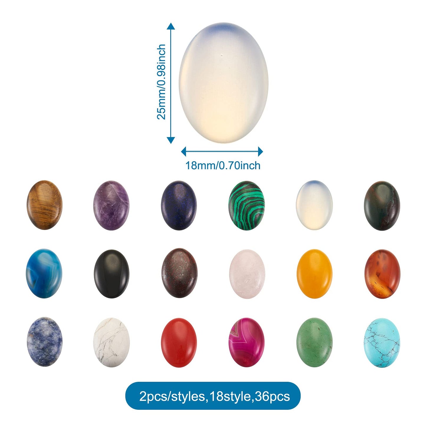 Fashewelry 36pcs Oval Healing Crystal Gemstone Cabochons 25x18mm Assorted Flatback Natural & Synthetic Energy Stone Cab Covers No Hole for Jewelry Craft Bracelet Necklace Making