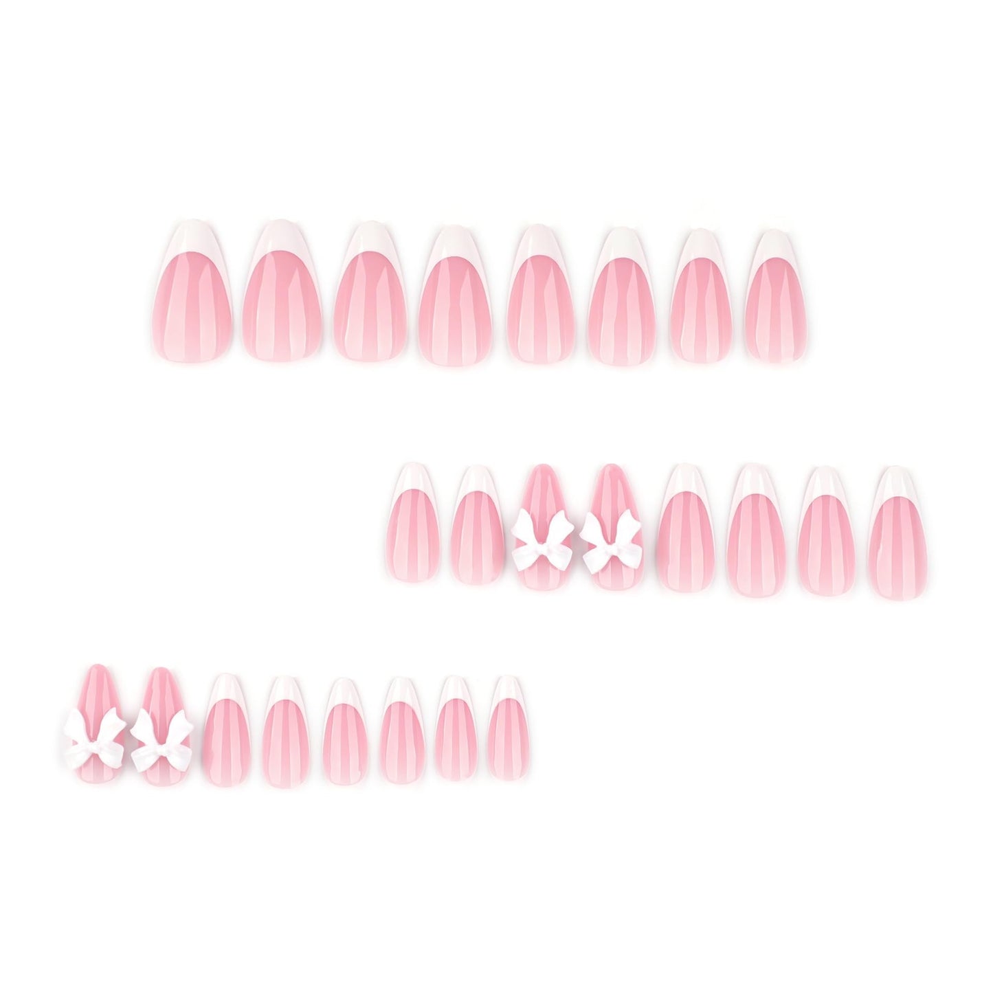 CTTHNBD Almond Press on Nails - White French Tip Fake Nails with Bow Charms Design - Glossy, Medium False Nails - for Women 24 Pcs