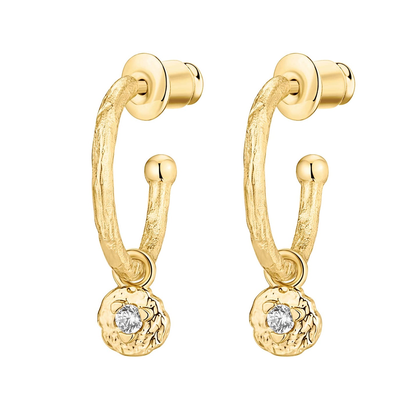 PAVOI 14K Yellow Gold Plated 925 Sterling Silver Post Hammered Open Huggie hoop Earring With CZ Dangle | Womens PAVOI Earrings | Small Huggie Earring With Round Dangle