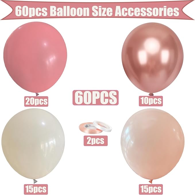 Dusty Pink Balloons Set 60Pcs – Blush Pink, Ivory, Rose Gold & Nude Latex Balloons for Party Decor