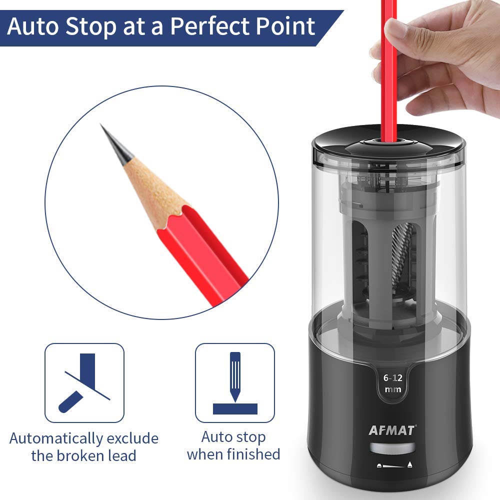 AFMAT Electric Pencil Sharpener - Auto Stop, Super Sharp & Fast, Plug in Pencil Sharpener for 6-12mm No.2/Colored Pencils - Classroom/Office/Home PS92