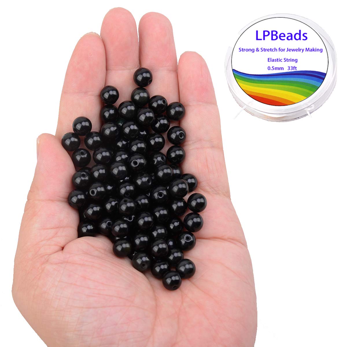 LPBeads 100PCS 8mm Black Onyx Beads Gemstone Round Loose Beads for Jewelry Making with Crystal Stretch Cord