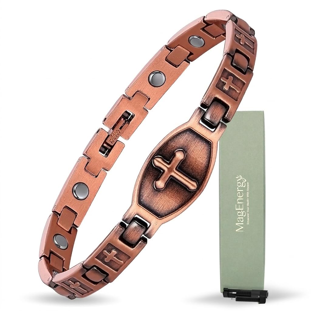 MagEnergy Copper Magnetic Bracelet for Women, Cross Copper Braceletwith 3500 Gauss Magnets, Christian, Adjustable (Sizing Tool)