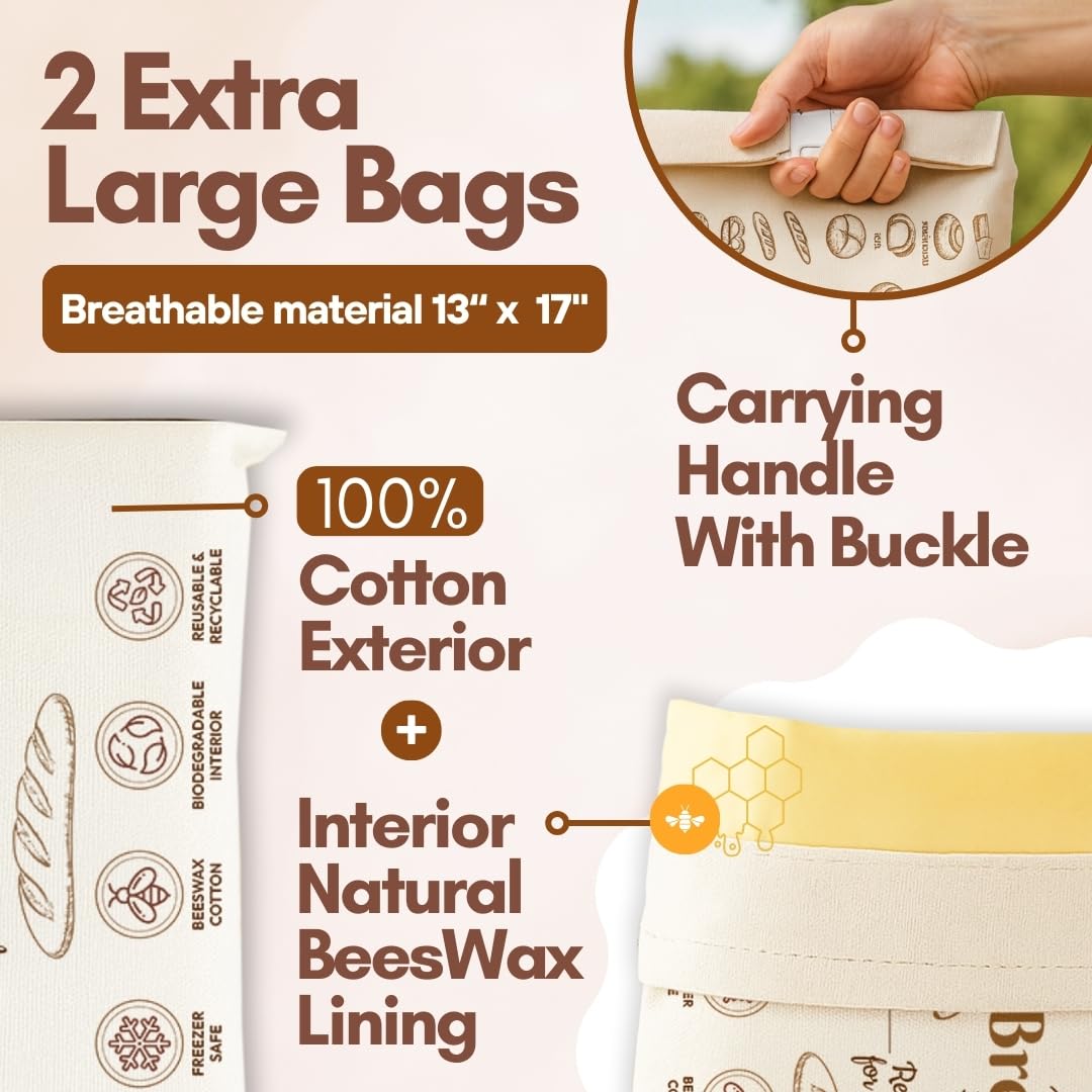 3 Pack Cotton Beeswax Bread Bags for Sourdough - 2XL Organic Reusable with Bees Wax Lining & Buckle Closure + 1 Beeswax Wrap, Wax Cloth Bread Bags & Freezer Safe, Eco-Friendly & Easy to Clean