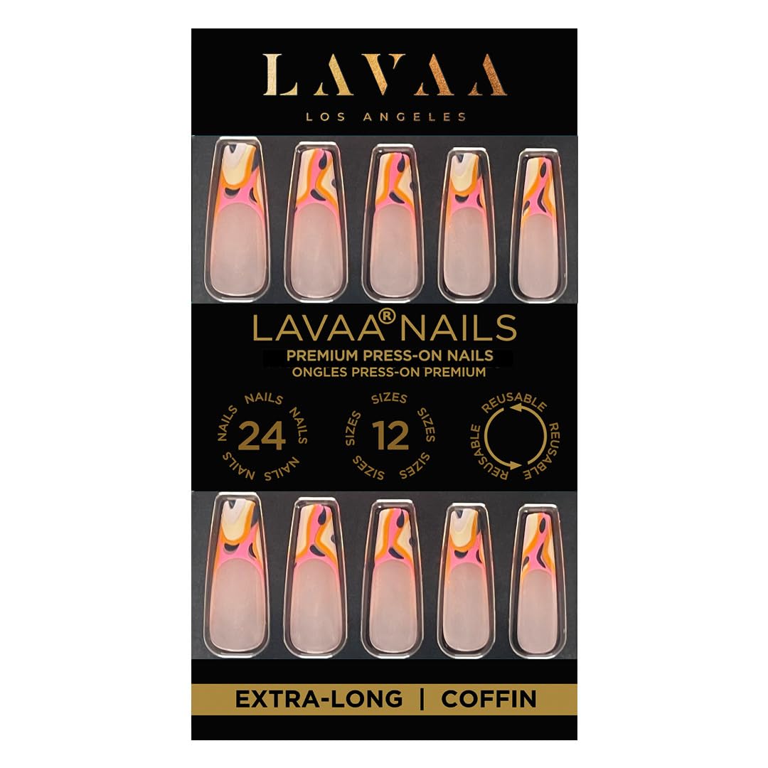 EXOTIC BABE Press-On Nails by Lavaa Beauty | Extra-Long Coffin | Orange Pattern French Tip Nails on Nude Base