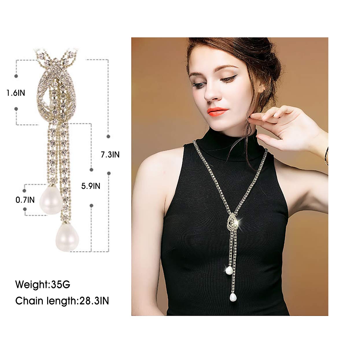 Suyi Trendy Crystal Long Necklace All-Match Style Shining Clothing Sweater Chain Pearl Gold