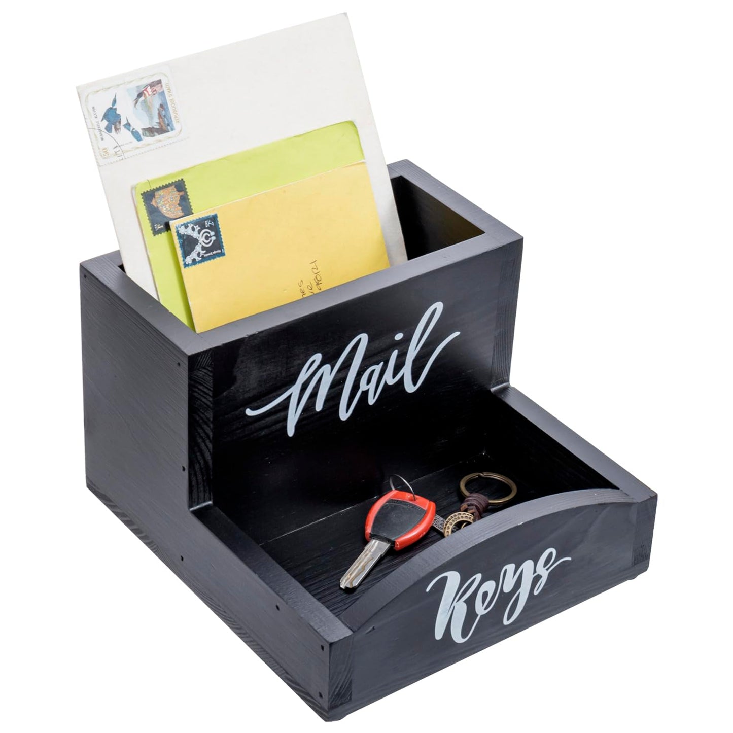 MyGift Urban Modern Mail Holder and Key Organizer Tray in Black Stained Solid Wood Finish, Entryway Storage Catchall with Cursive Mail and Keys Word Design, Office Desktop Organizing Bin
