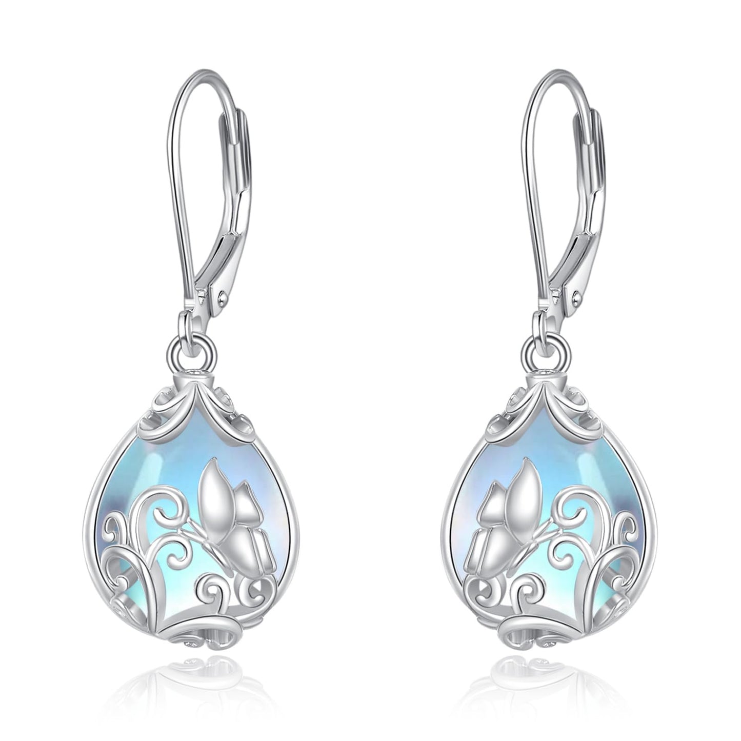 POPLYKE Moonstone Butterfly Teardrop Drop Dangle Earrings Sterling Silver Leverback Earrings Moonstone Jewelry Gifts for Women