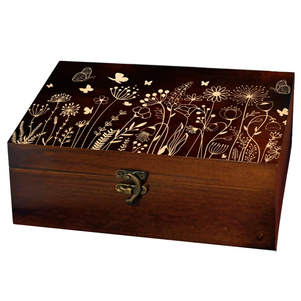 arricraft 1 Pc Wooden Memory Keepsake Box, Wildflower Cluster Butterflies Engraved Pattern Rectangle Pine Tarot Box for Anniversary Jewelry Board Storage (9.45x5.51x3.54 Inch)