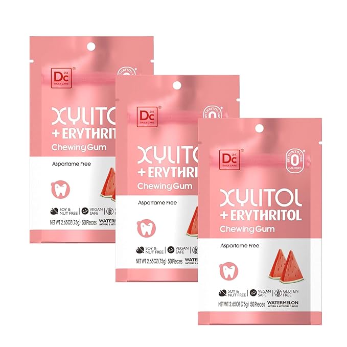 DC24 DAILY CARE Gum, Aspartame Free & Sugar Free, Xylitol Chewing Gum with Erythritol, Low-Calorie, Sugarless, Watermelon Flavored Gum, 50 Pieces (Pack of 3)