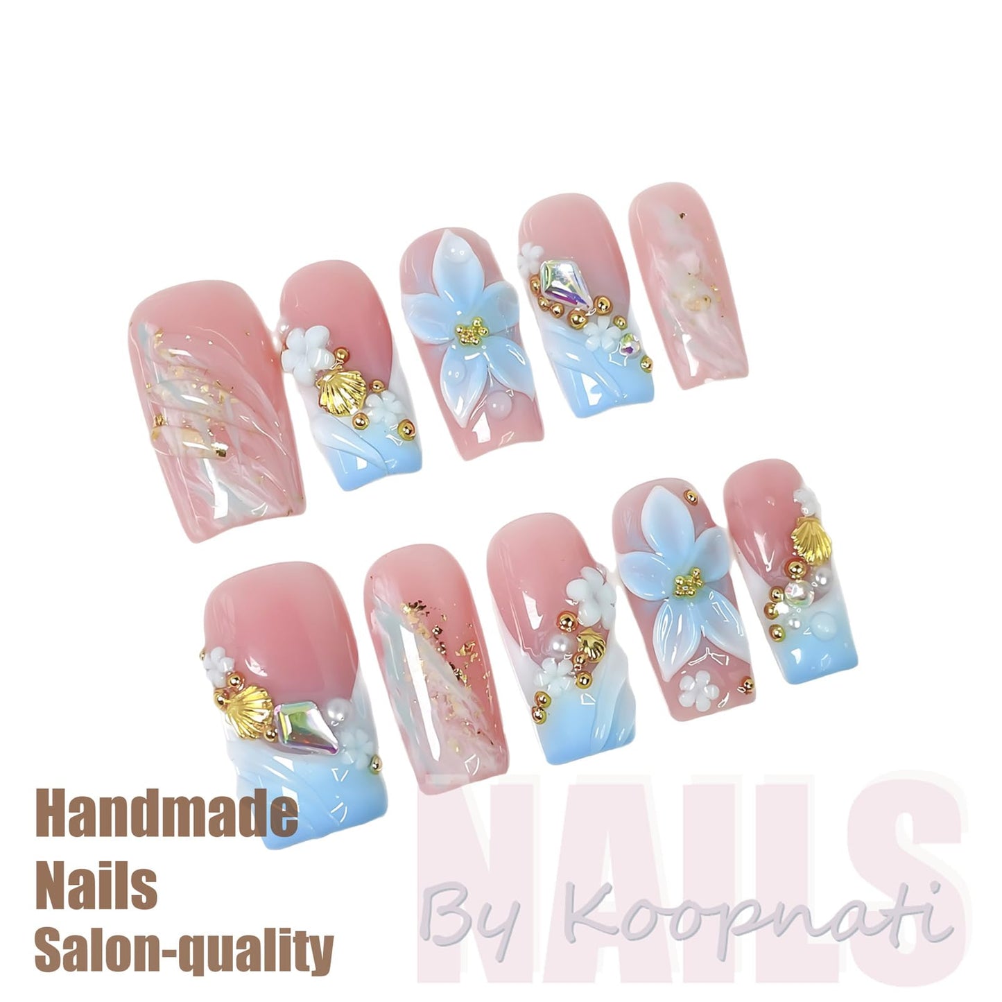 Summer Press On Nails Beach Handmade Press Ons Short Duck White Homemade Press On Nails French Tip With 3D Design Fake Nail Art For Women M