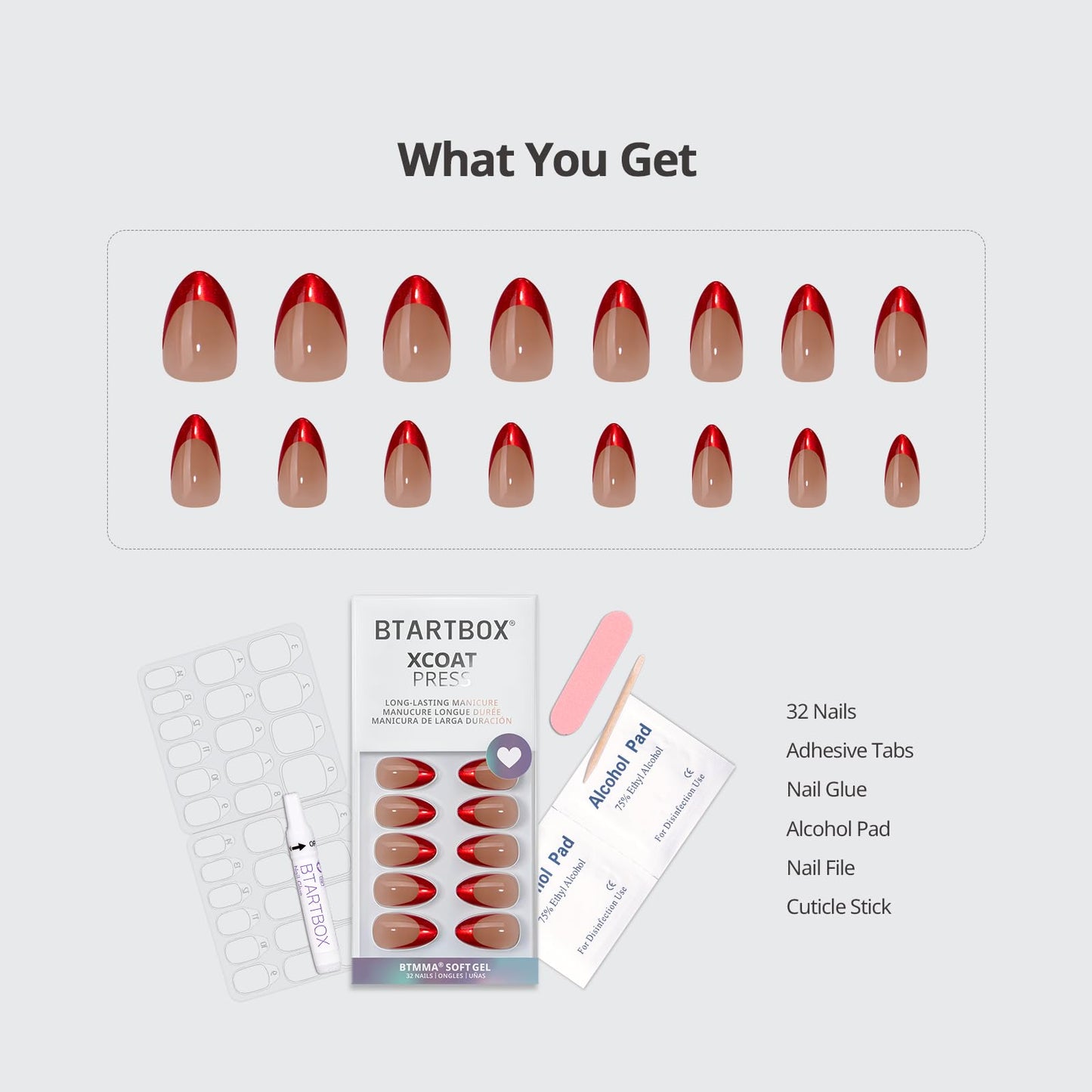 BTArtbox French Tip Press On Nails - Ruby Slipper, Lamp-Curable Red Cat Eye Short Almond Press On Nails with Glue and Adhesive Tabs for Women in 16 Sizes - 32 Soft Gel Glue On Nails Kit