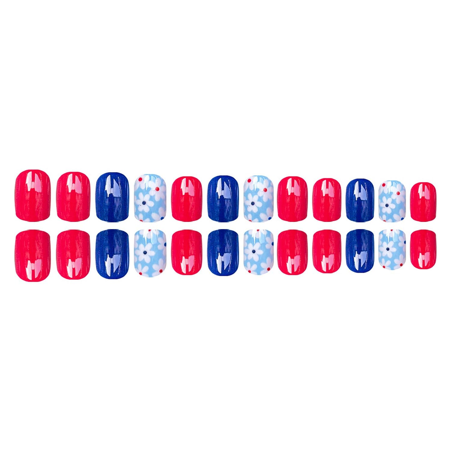 Flower Press On Nails Square Short Fake Nails Acrylic Nails Press Ons Blue Red False Nails With White Flowers Designs Full Cover Glue On Nails Glossy Spring Summer Stick On Nails For Women