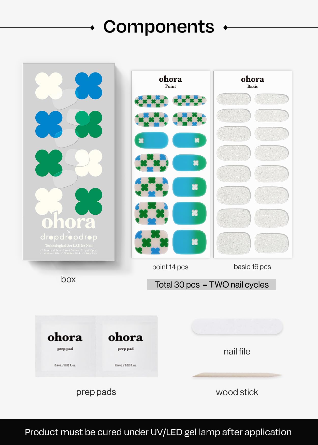 ohora Semi Cured Gel Nail Strips (N Lucky Drop Clover) - Works with Any Lamps, Salon-Quality, Long Lasting, Easy to Apply & Remove - Includes 2 Prep Pads, Nail File & Wooden Stick