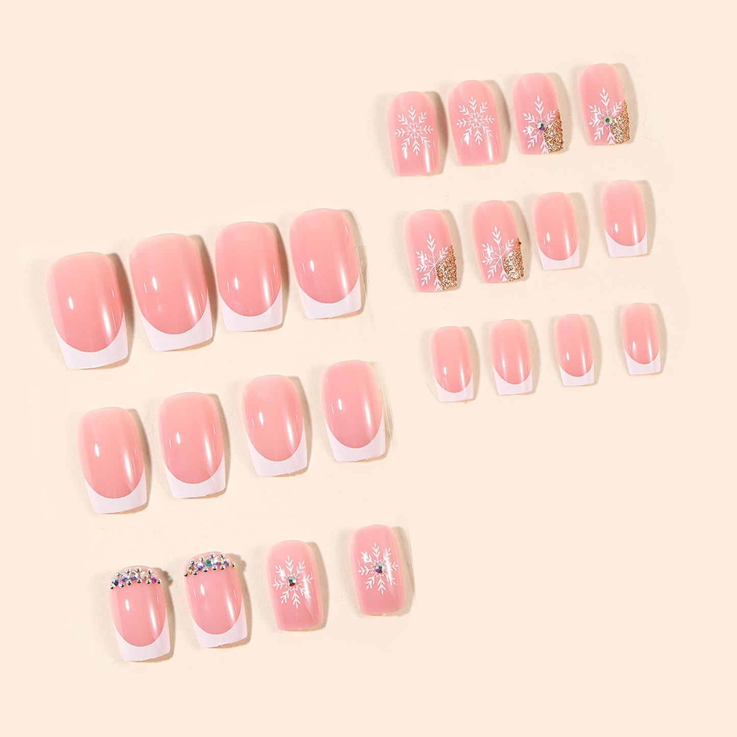IMSOHOT Medium Square Press on Nails, White French with Snowflake Gold Glitter & Rhinestone Acrylic Nails, 24PCS