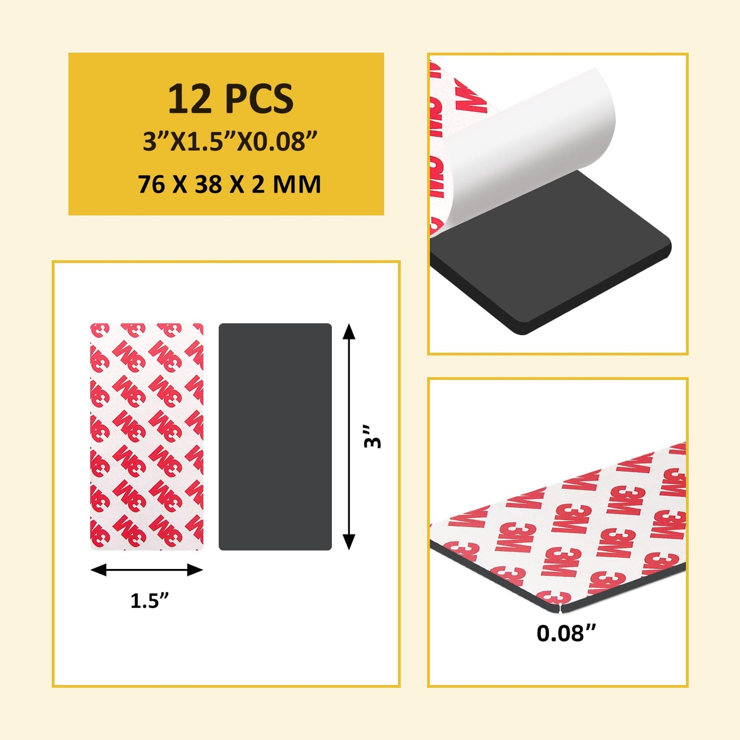 12 Pack, 3" x 1.5" Magnetic Tape, Self Adhesive Magnet Strips Pre-Cut Rectangle, Flexible Magnets Strips Peel and Stick for DIY Crafts Light Art Projects Card Poster to be Magnetic