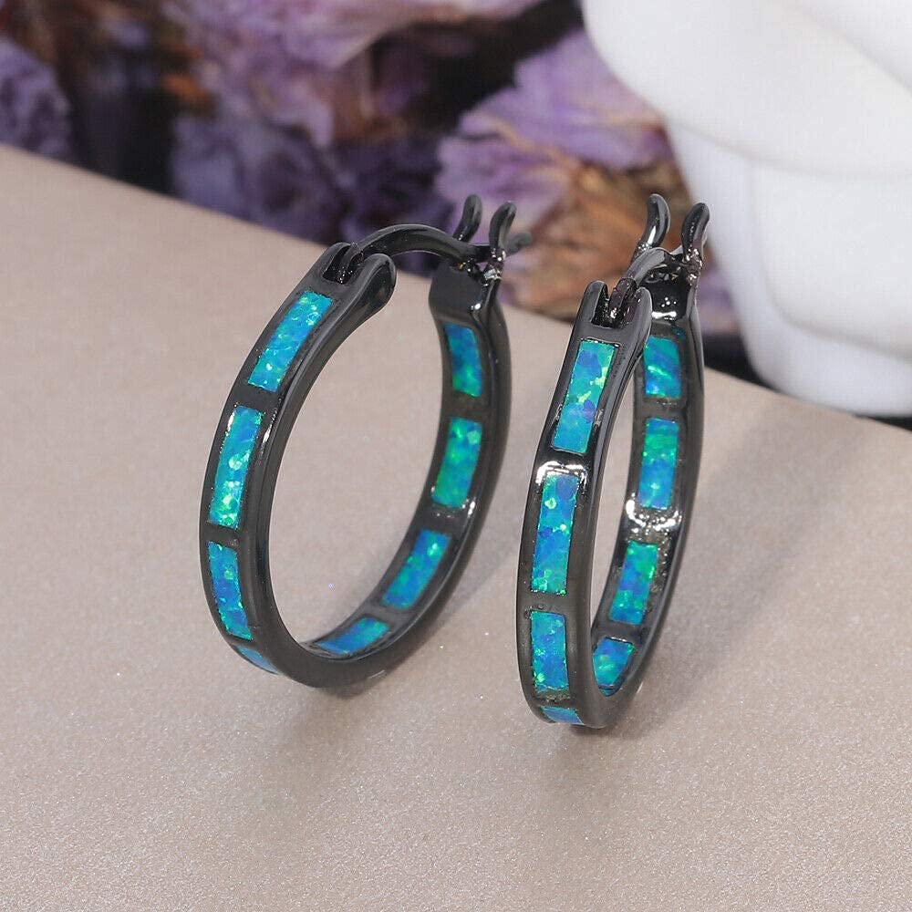 CiNily Opal Hoop Earrings for Women Black Gold Plated Small Hoop Hypoallergenic Ear Hoops Gemstone Round Hoops for Ladies