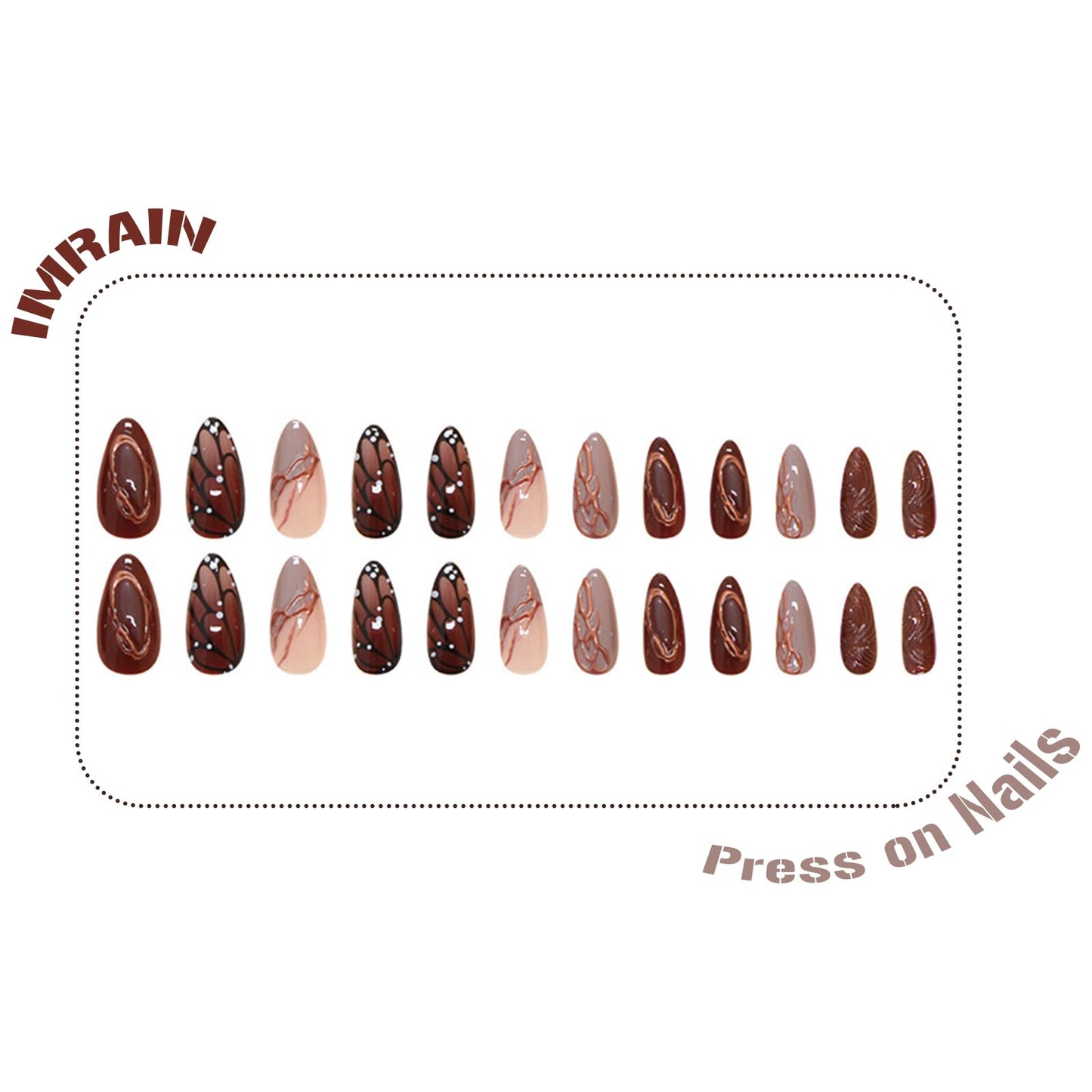 IMRAIN Brown Press on Nails Medium Almond Fake Nails Fall Butterfly Glossy Artificial False Nails Full Cover Golden Line Stick on Nails for Women Girls
