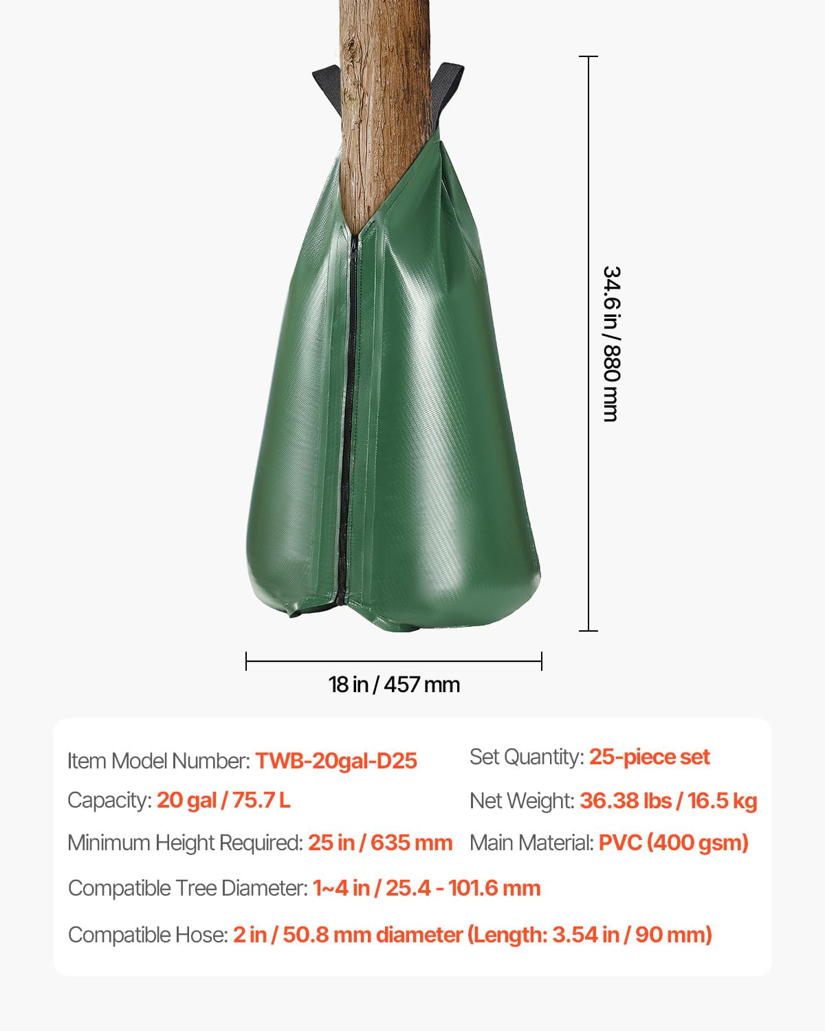 VEVOR Tree Watering Bag, 25 Packs 20 Gallons Watering Bags for New Trees, 5-9 Hours Slow Release Refillable Tree Drip Irrigation Bags with Zipper, Durable Tree Watering System for Deep Root Targeting