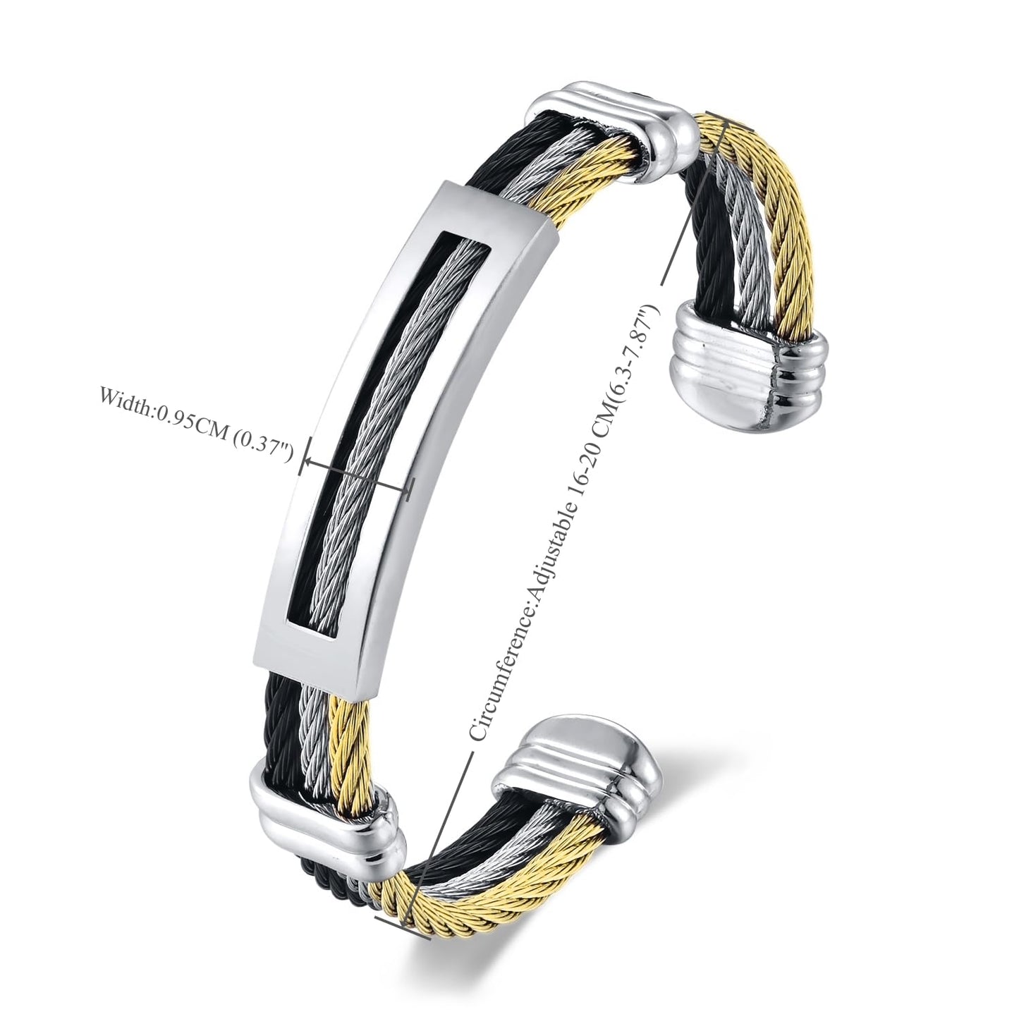 BIYONGDE Mens Stainless Steel Twisted Cable Cuff Bracelet, Open Bangle Bracelet for Unisex, Classic and Urban Style (Silver Black and Gold)