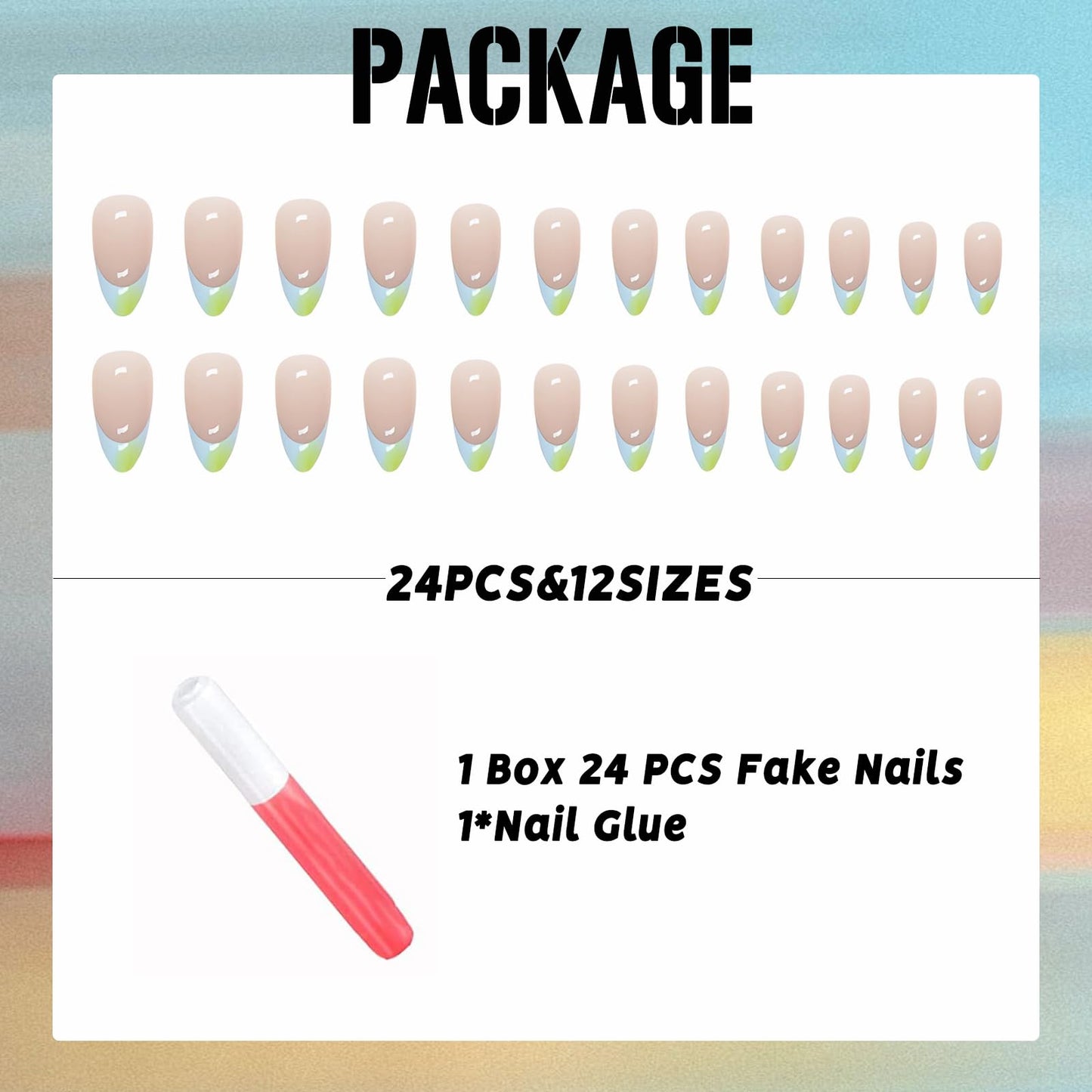 IMSOHOT Almond Press on Nails Medium Green Gradient French Tips Fake Nails with Designs Nude Glossy Full Cover Acrylic False Nails Glue on Nails for Women 24Pcs