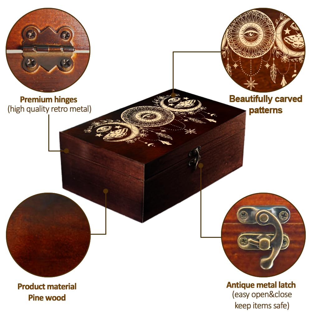 arricraft 1 Pc Wooden Memorial Storage Box, Sun and Moon Evil Eye Dreamcatcher Stars Flowers Pattern Rectangle Pine Photo Box for Anniversary Jewelry Board Storage (9.45x5.51x3.54 Inch)