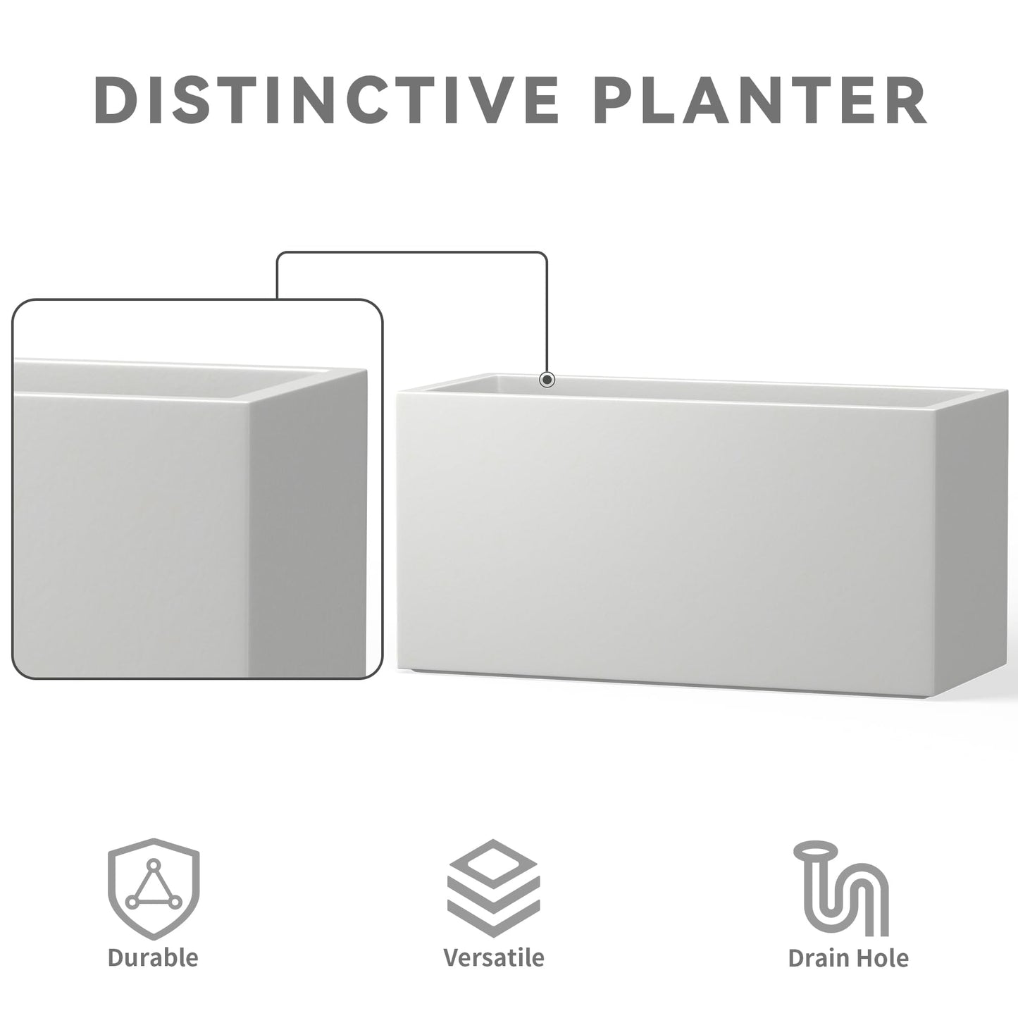 Kante 23.6" L Rectangular Concrete Planters, Outdoor Indoor Modern Plant Pot with Drainage Hole and Rubber Plug for Garden, Patio, Pure White Finish