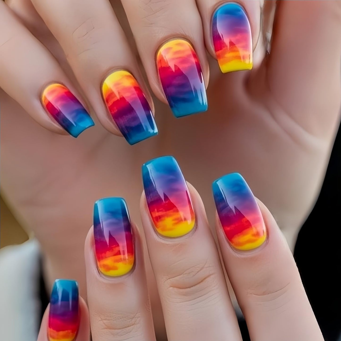 Short Press On Nails Square Fake Nails with Sunset Blending Designs - Full Cover Blue Gradient Glue On Nails - Glossy Acrylic Press Ons Fake Nails Spring Summer Stick on Nails for Women - 24 Pcs