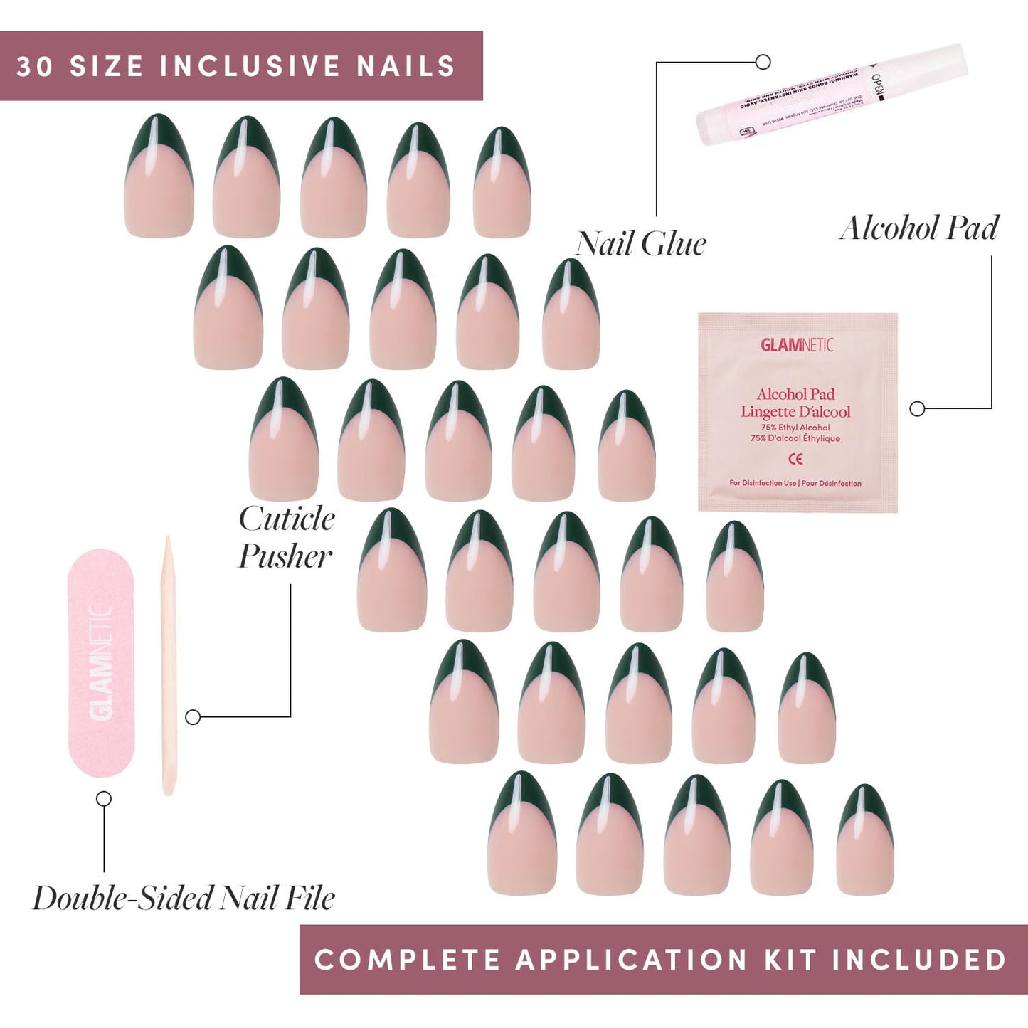 Glamnetic Press-On Nails Bundle - Château, Berry Maroon & Fall Mauve | Semi-Transparent Dark Green French Tip Almond False Nails | Dark Red Round Fake Nails | Muted Blush Mauve Short Oval