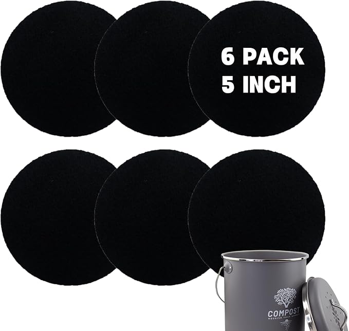 6 Pack Charcoal Filters for Compost Bin Bucket, 5 Inch Round Activated Carbon Charcoal Replacement Filters for Kitchen Countertop and Home Bucket Compost Bin (Refill, Odor Eliminating)