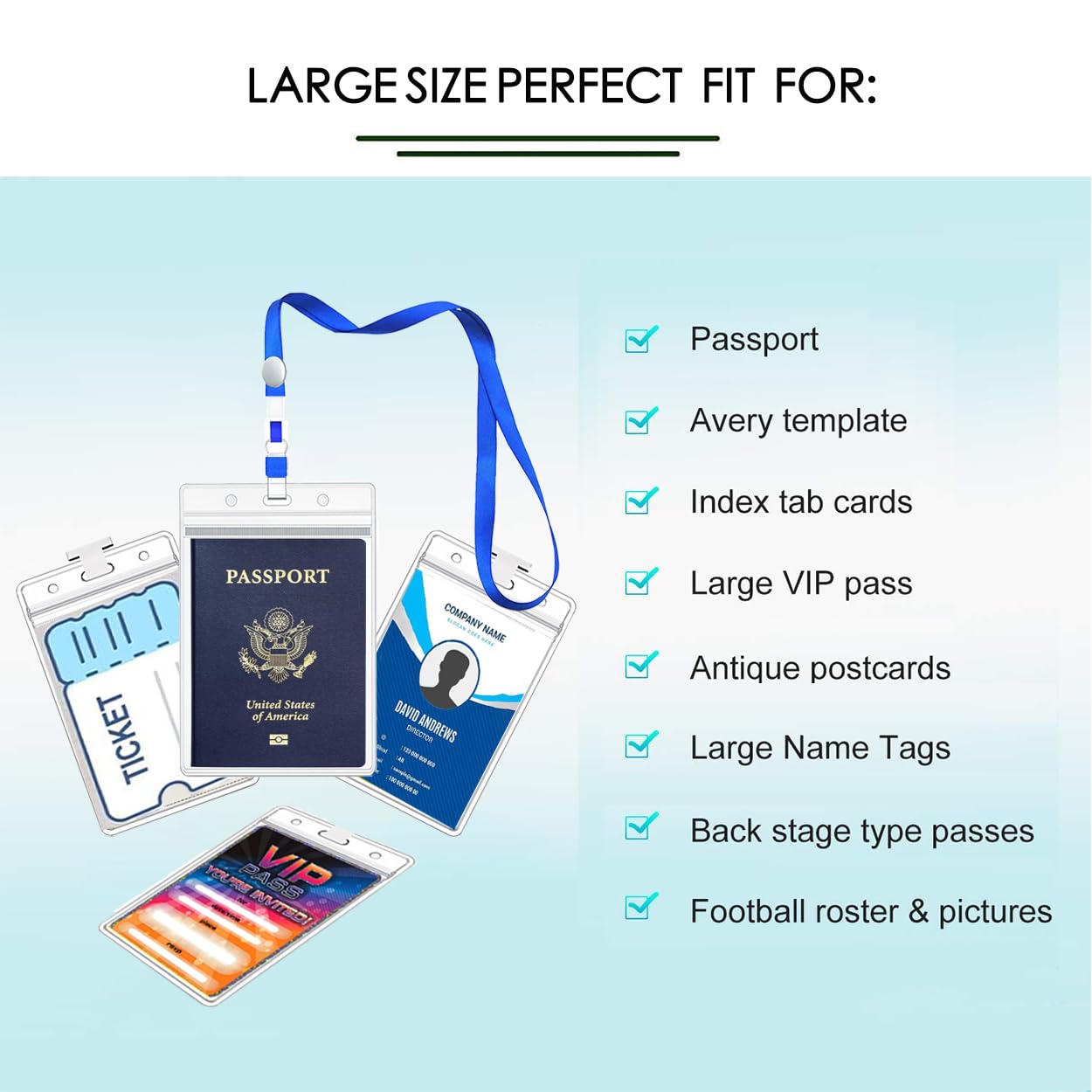 BufferABC Passport Badge Holders Extra Large PVC ID Card Holder, Premium 4X6 Inch Badge & Credential Holders with Lanyards for Passports, Cash, Plane Ticket, Receipts Cruise and Vacation