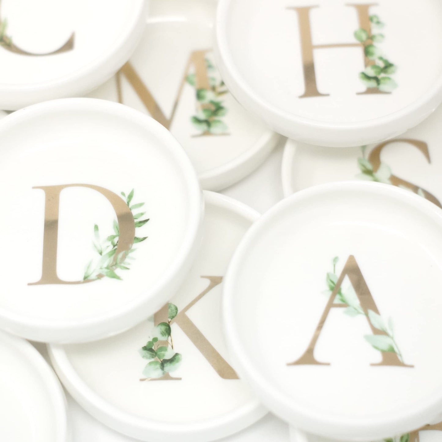 Trinket Tray Ring Dish with Personalized B in Gold Foil and Greenery - White Ring Dish - Monogrammed Trinket Dish or Jewelry Bowl - Cedar & Ink (B)