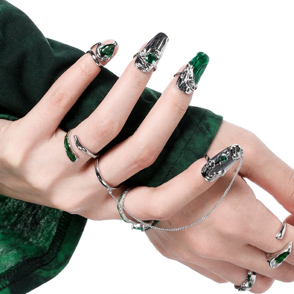 8Pcs Women Finger Tip Nail Rings, Adjustable Opening Nail Art Charms Accessories, Finger Tip Claw Nail, Tip Fingernail Set (Green)