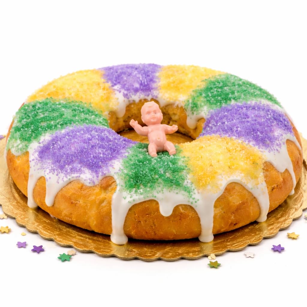 Mardi Gras King Cake Decoration Gift Box Kit Yellow Green Purple Sanding Sugars with King Baby - White