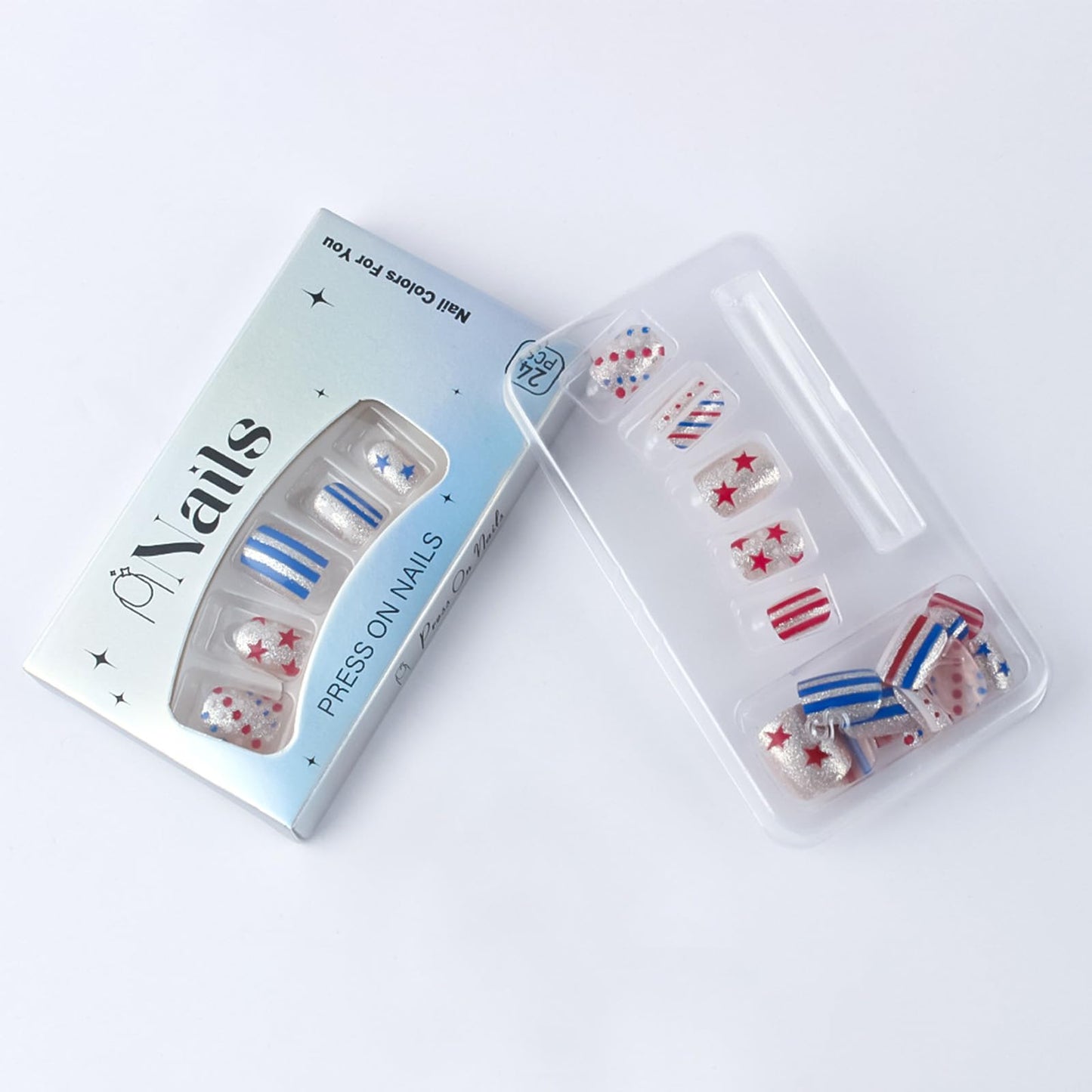 4th of July Press on Nails Short Square Fake Nails Silver Glitter False Nails with Polka Dot Star Stripes Design Independence Day Patriotic Nails Reusable Artificial Stick on Nail for Women 24Pcs