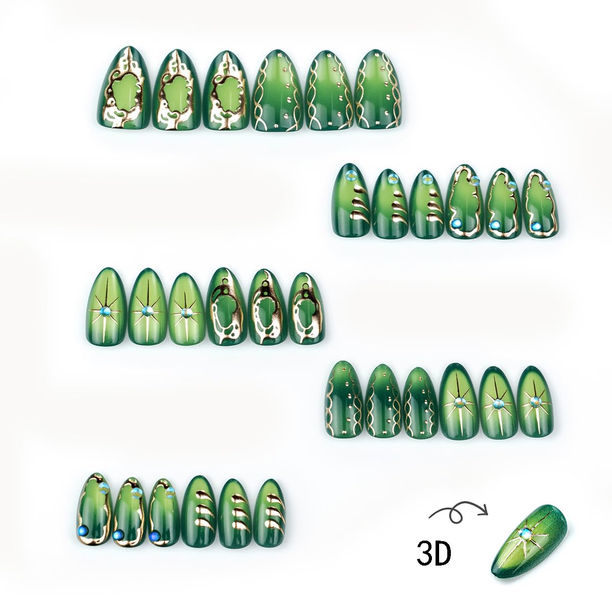 30Pcs Green Press on Nails Medium Almond Fake Nails with 3D Sliver Ripple Design Handmade False Nails Star Acrylic Nails Irregular Chrome Stick on Nails Glossy Green Glue on Nails for Women