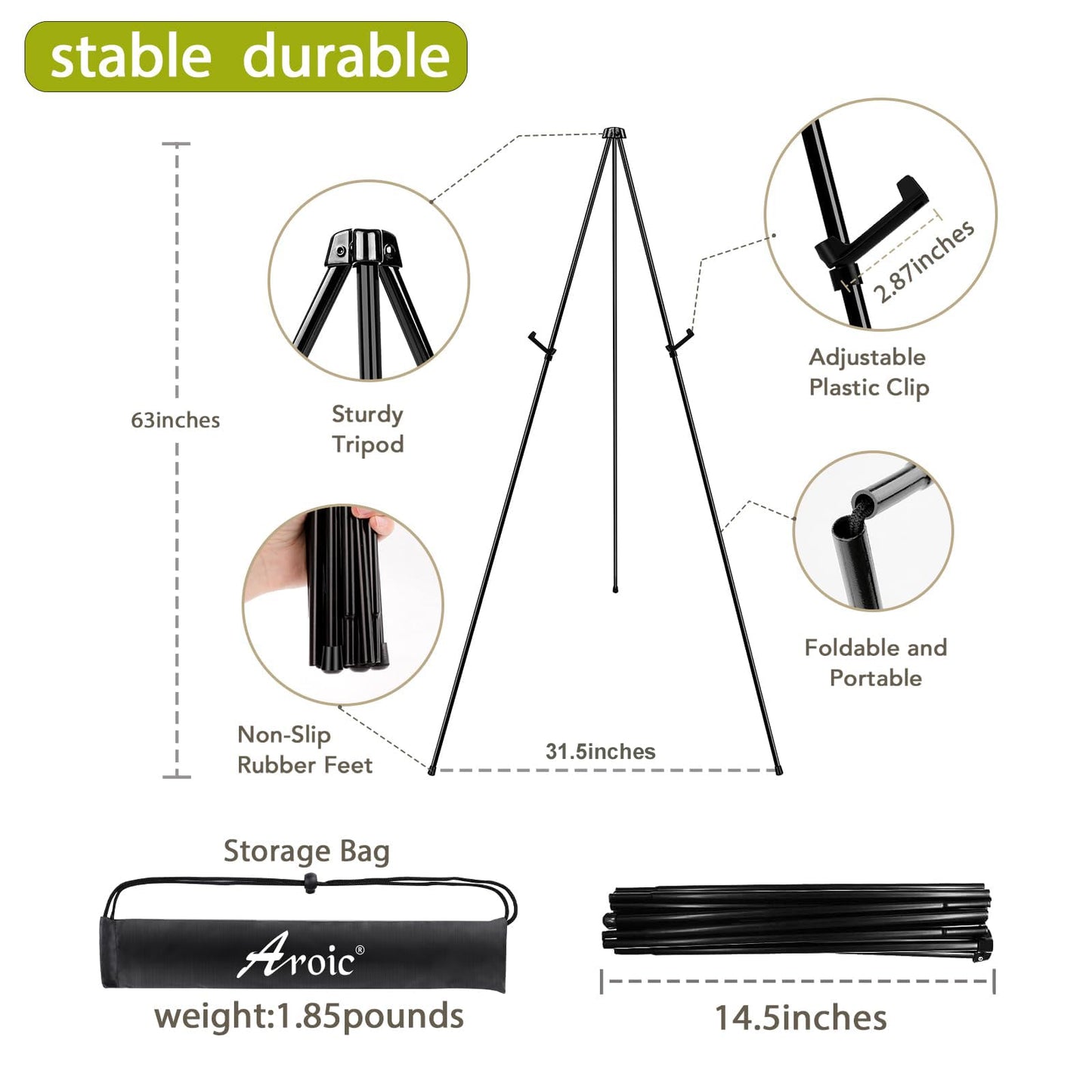 AROIC 63" Easel Stand for Display, 3 Pack Portable Foldable Metal Easel, Easels for Signs Wedding Logos,Arts, Painting,Adjustable Floor Easels with 3 Storage Bag