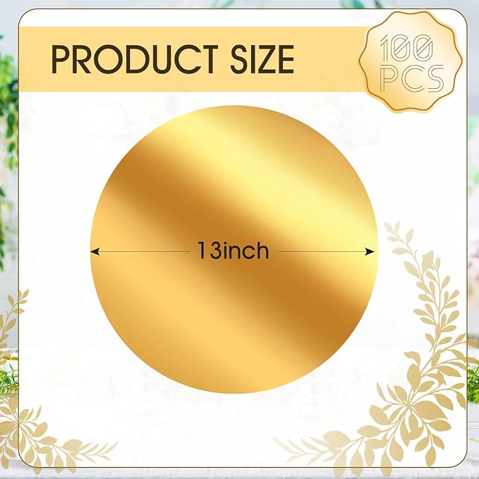 KesaPlan 100PCS Round Gold Placemats, 13" Disposable Paper Placemats for Dining Table, Mirrored Gold Charger Place Mat for Kitchen Banquet Table Setting Wedding Birthday Dinner Party Decor