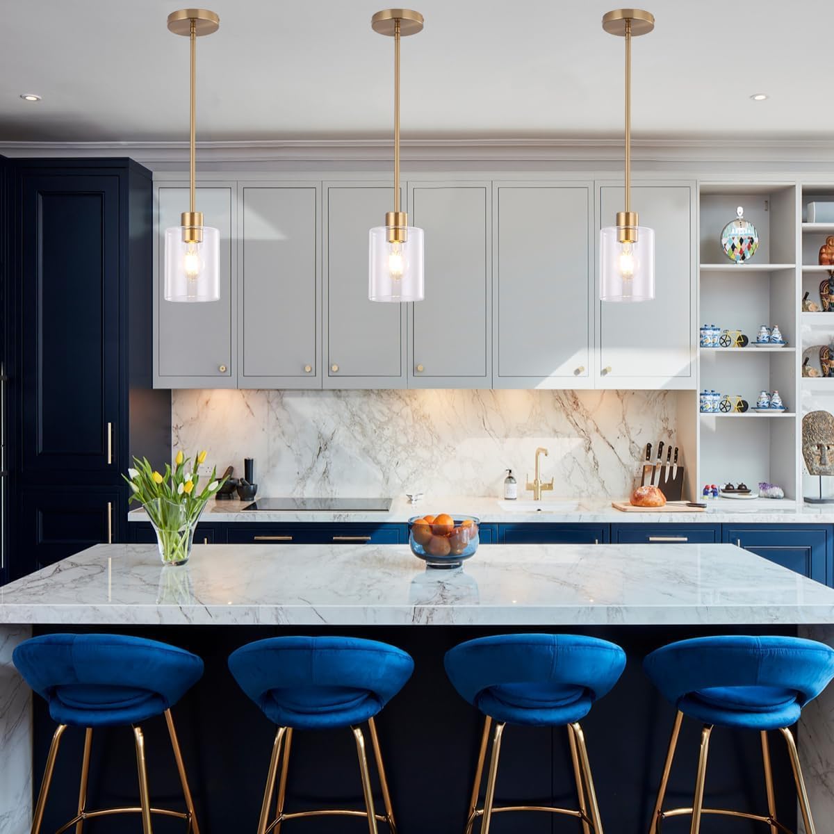 Brass Pendant Lights Kitchen Island - Gold Clear Glass Pendant Light Fixture Multiple Stems Rods 3 Units 12 Inch 3 Units 4 Inch (3 Pack Brass)