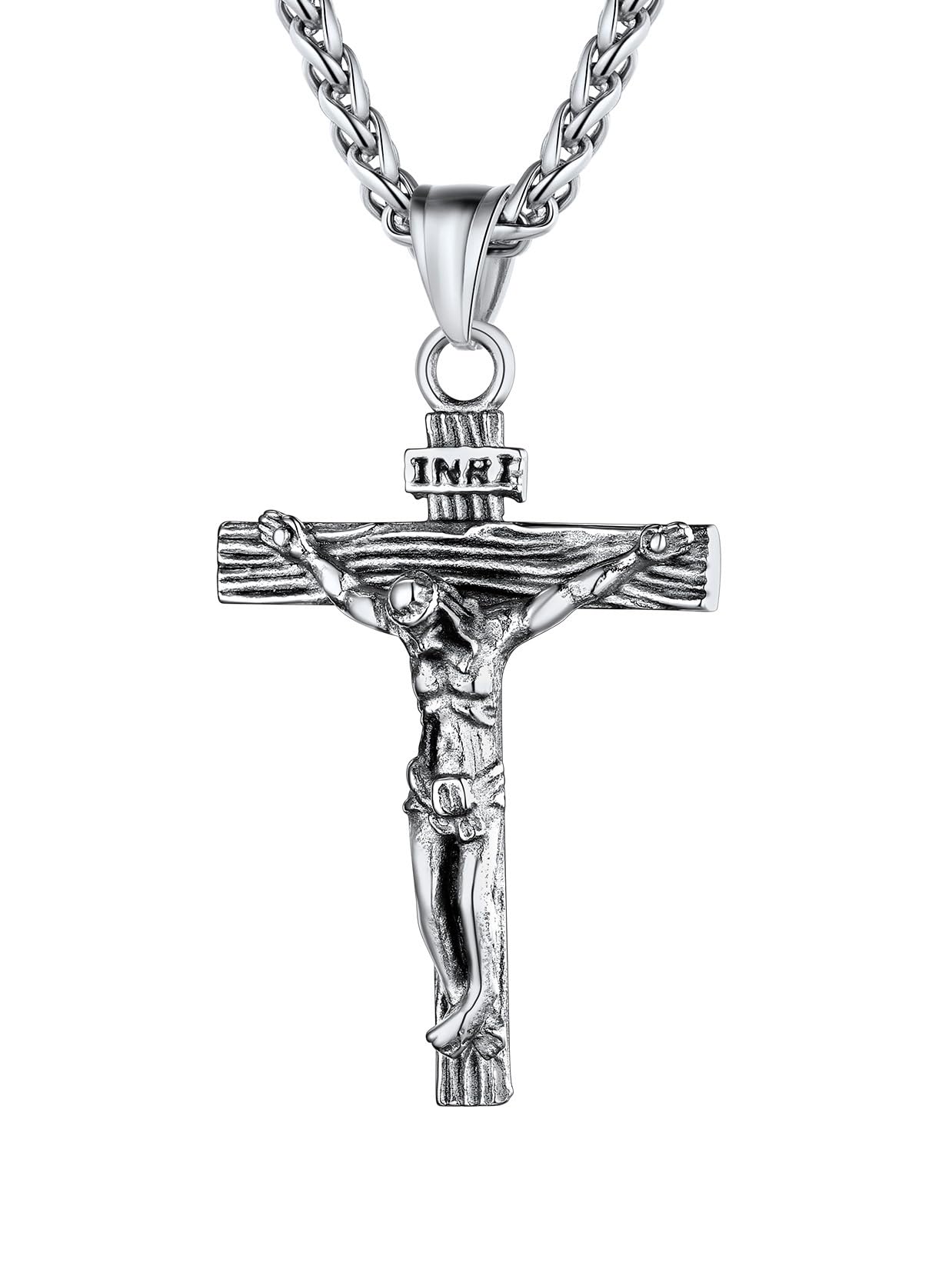 U7 Crucifix Cross Necklace Stainless Steel Crucifix Necklace Cross Pendant for Men with Rope Chain 24"(Silver)