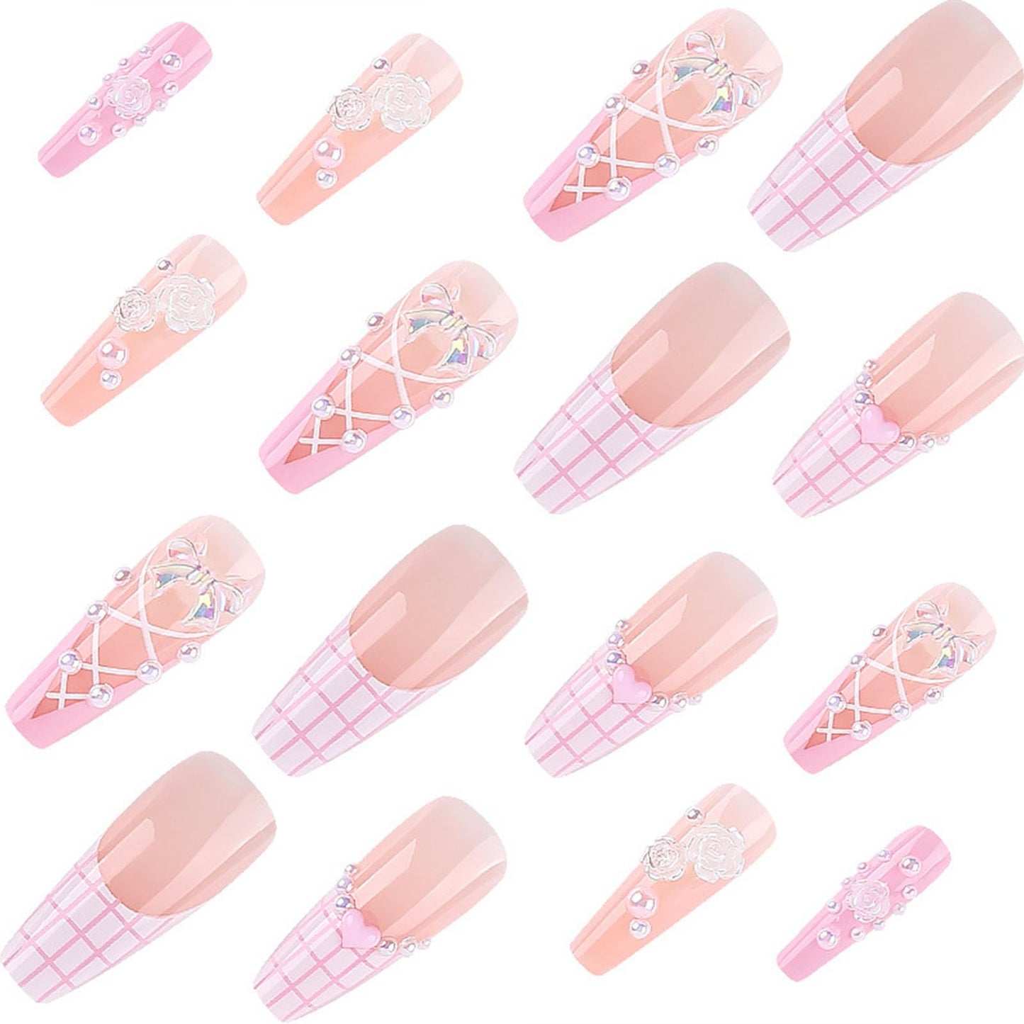 IMRAIN Valentine's Day Press on Nails Long Coffin Fake Nails Pink French Tips Glossy Glue on Nails Full Cover Cute Heart & Bow Designs Artificial Stick on False Nails