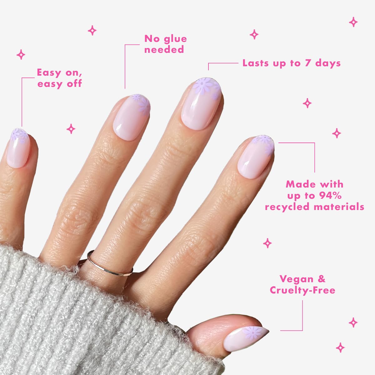Olive & June Classic Super Stick Mani Press On Nails | No Glue Needed | 32 Tab Nails 16 Sizes | Non-Toxic Tabs Non-Damaging 7-Day Wear | Spring Flowers & Patterns| Short, Round| Floral Tip