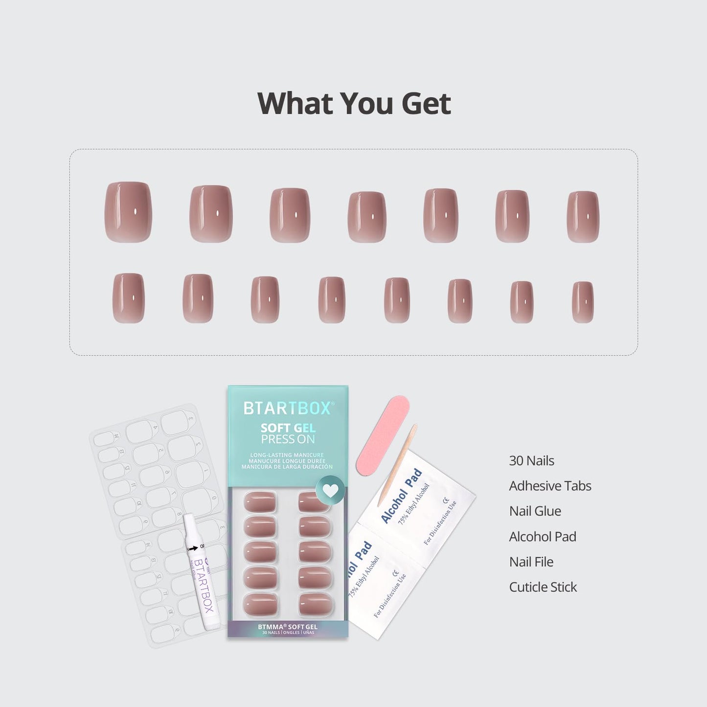 BTArtbox Press On Nails Short - Taro Nude Squoval Fall Press On Nails with Glue for Women, Opaque Soft Gel Glue On Nails in 15 Sizes - 30 Stick On Nails Kit, Clay Kiss