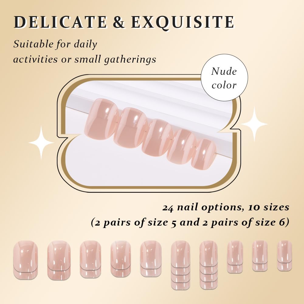 evpct Nude Glazed Press on Nails Short Square No Glue, Chrome Glazed Nude Fake Nails for Women Gift, Reusable Full Cover Soft Press on Fake Nail, Glossy Glitter Stick on False Nail Kit Salon Quality