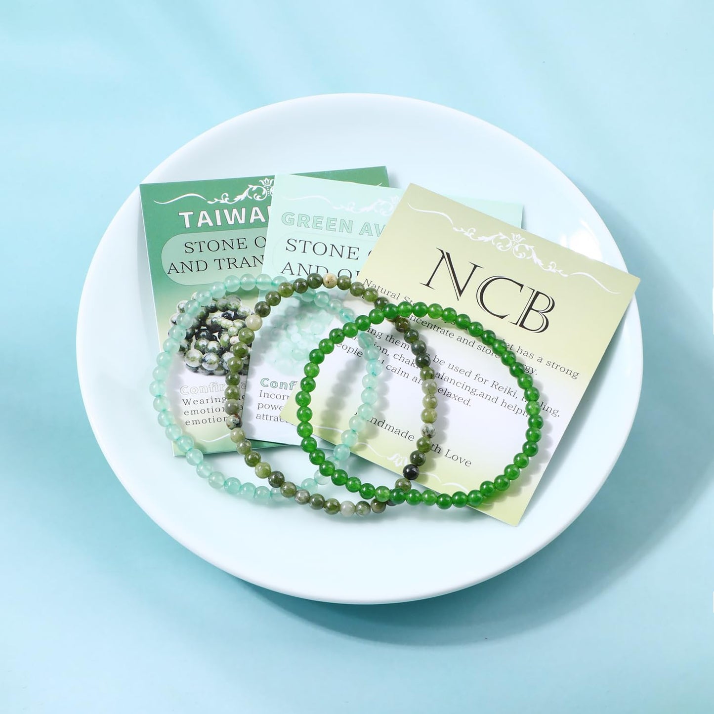 NCB 3-Piece 4mm Natural Crystal Gemstone Stretch Bracelets – ﻿Green Jade, Green Aventurine, Taiwan Jade Handmade Reiki Energy Healing Jewelry for Meditation,Yoga, Unisex