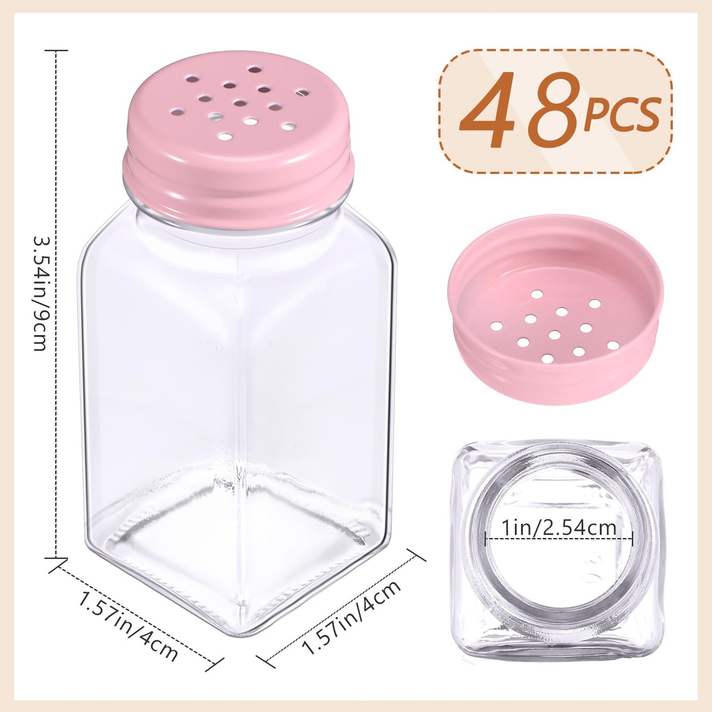 Bokon 48 Pack Glass Salt Shaker Bulk with Stainless Lids 2.7oz Small Spice Shaker for Kitchen Restaurants and Catering Wedding Party Supplies (Pink,Classic)