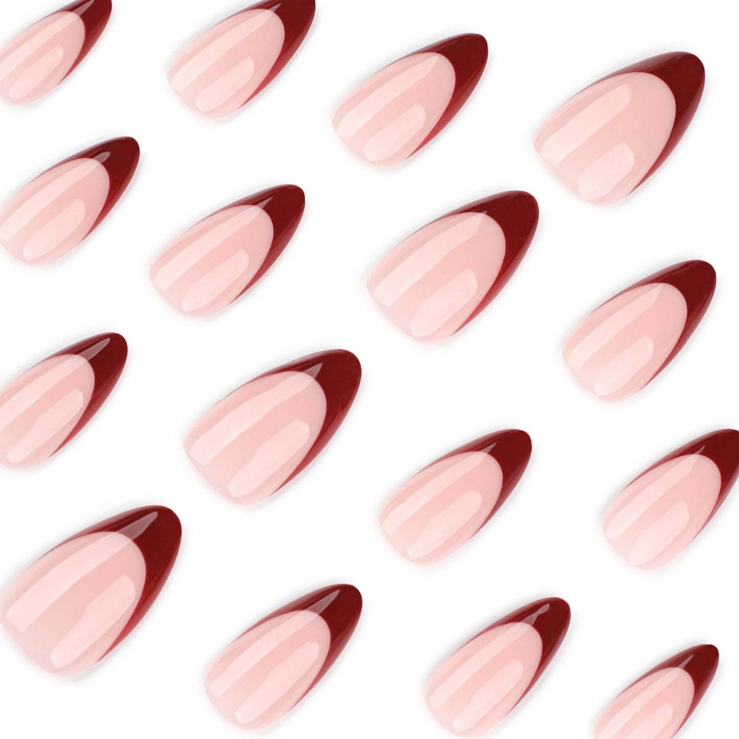 CTTHNBD Press on Nails Almond Medium - Wine Red French Tip Fake Nails - Glossy Full Cover Stick on Nails Press Ons - for Women Manicure 24 Pcs