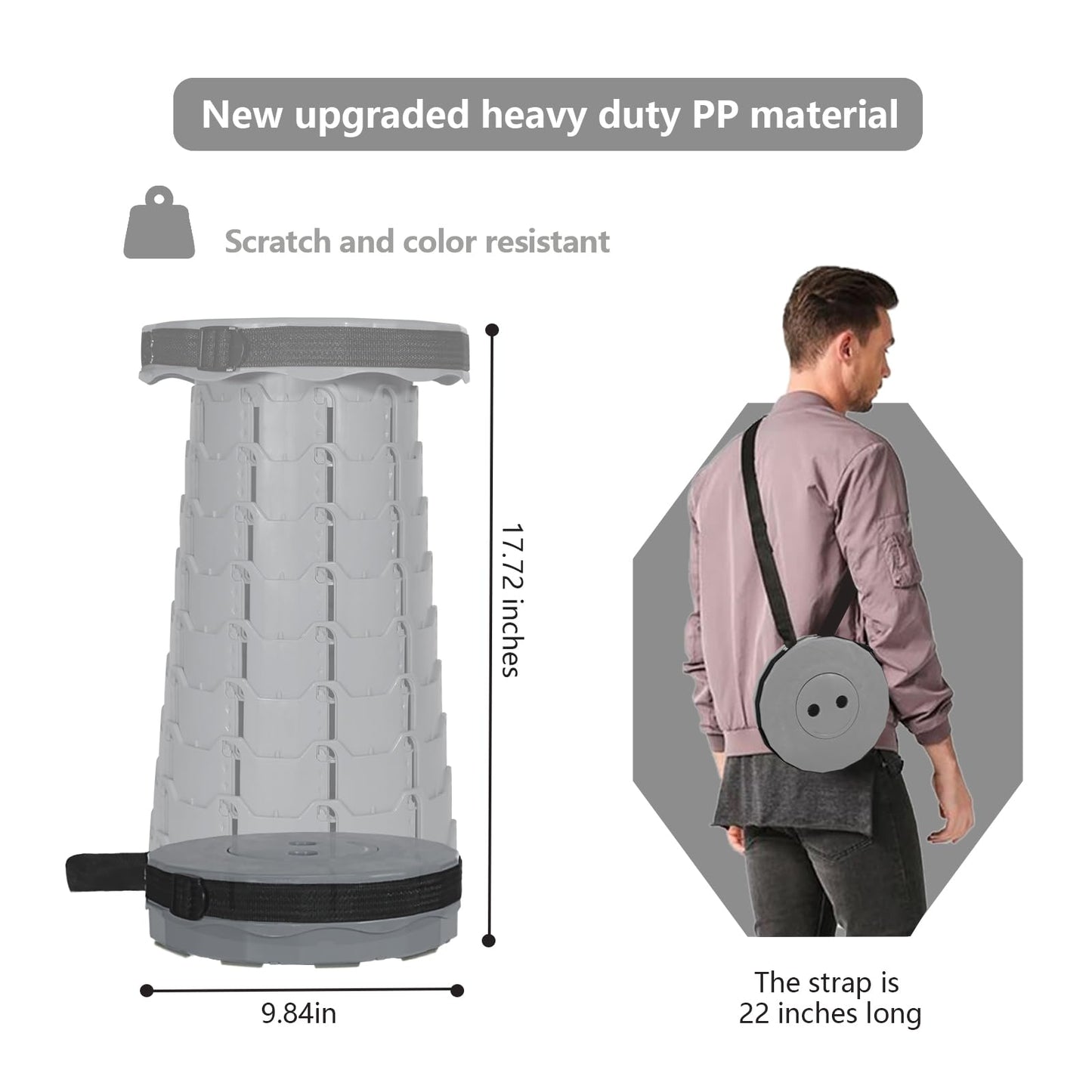 RizzQi Upgraded Collapsible Stool 450LBS - Adjustable Height (2.5"-18") Portable Telescoping Seat for Camping Hiking Indoor Office (Light Gray)