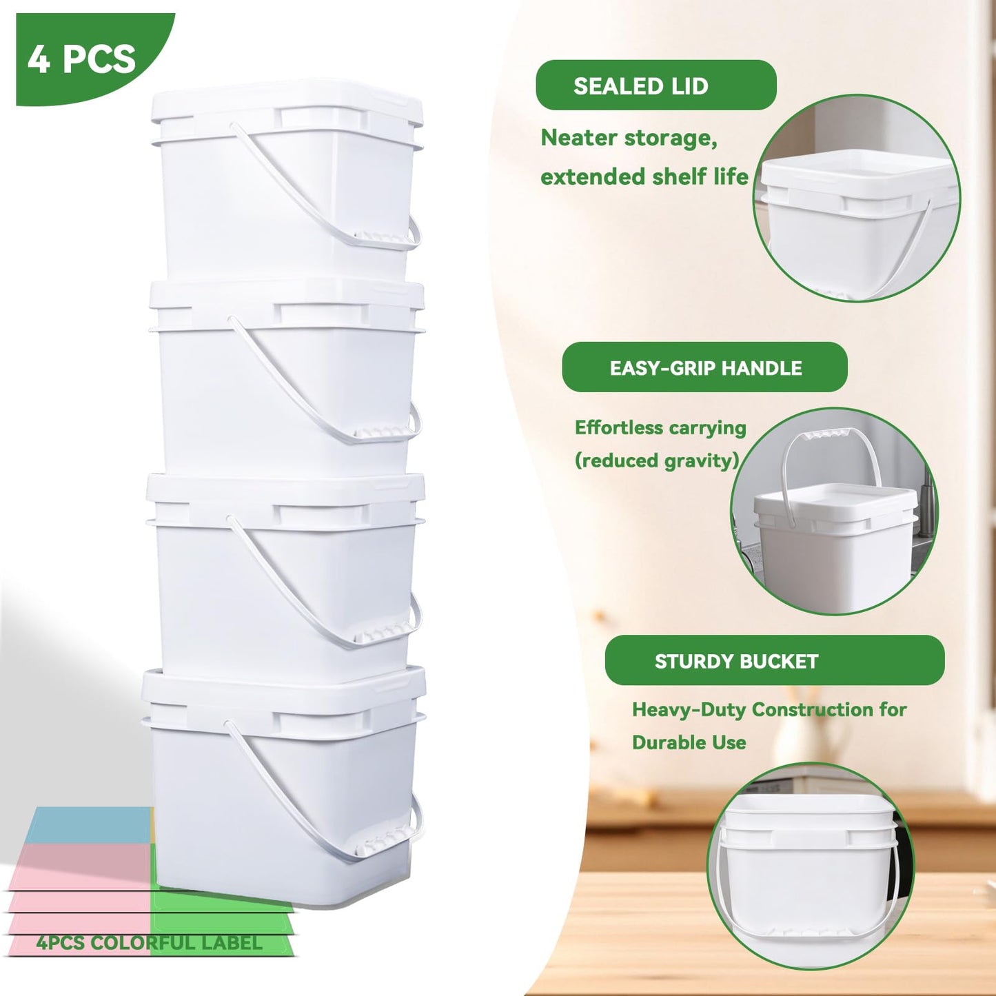 UMETASS Bucket with Lid - 4 Packs Square White Plastic Storage Containers, Food Safe with Handle, Airtight Pressure Lids for Kitchen & Home (White, 1 gal)