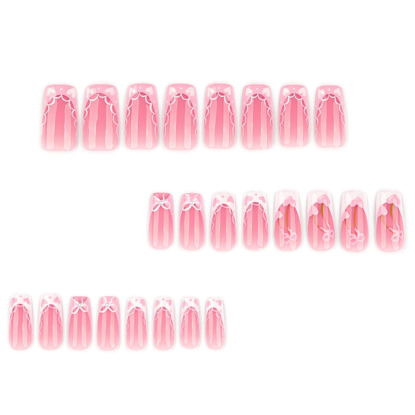 French Tip Press on Nails Medium Square Fake Nails Pink Bow Heart False Nails Glossy Lace Acrylic Nails Cute Reusable Full Cover Glue on Nails for Women Manicure 24Pcs